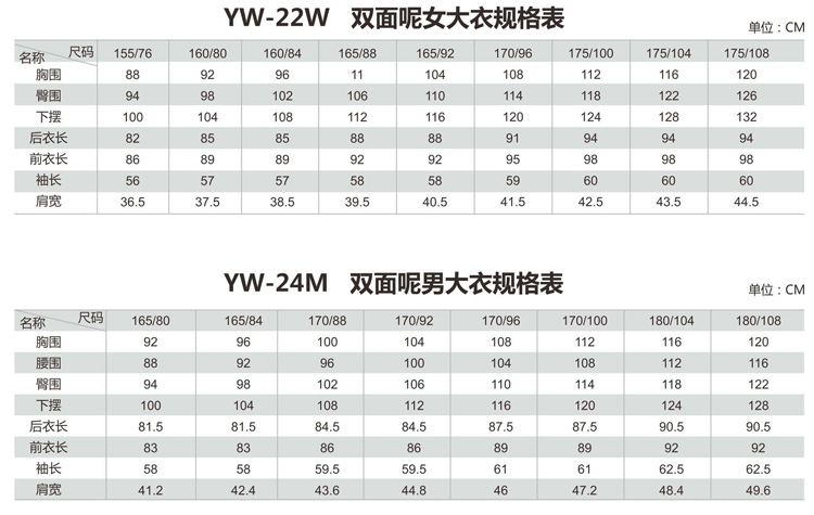 22和24的羊毛大衣规格表