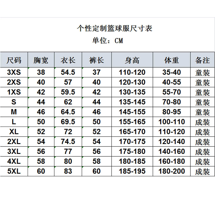 服装尺码表