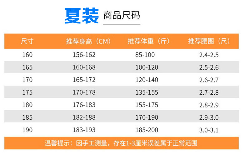 工作服夏装尺码标准表