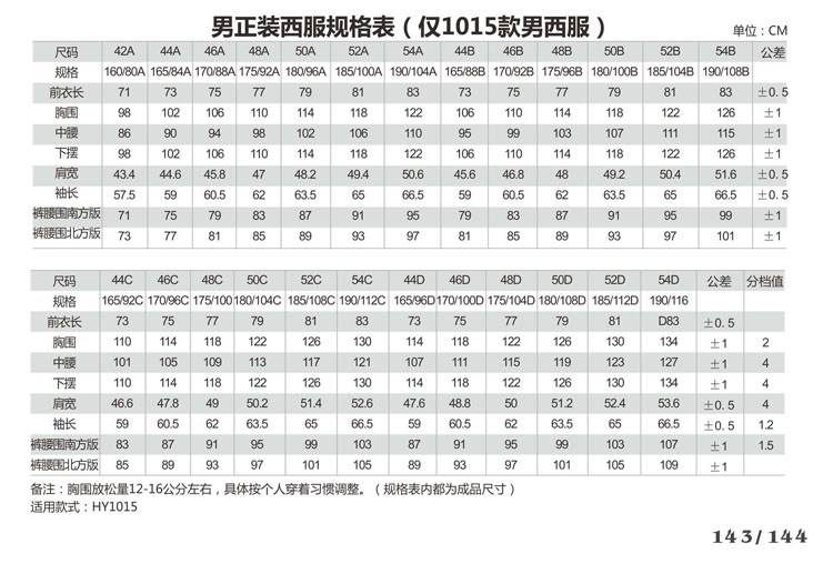 男士西服套装规格表