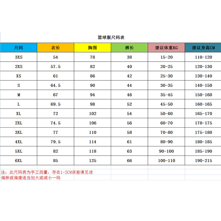 服装尺码表