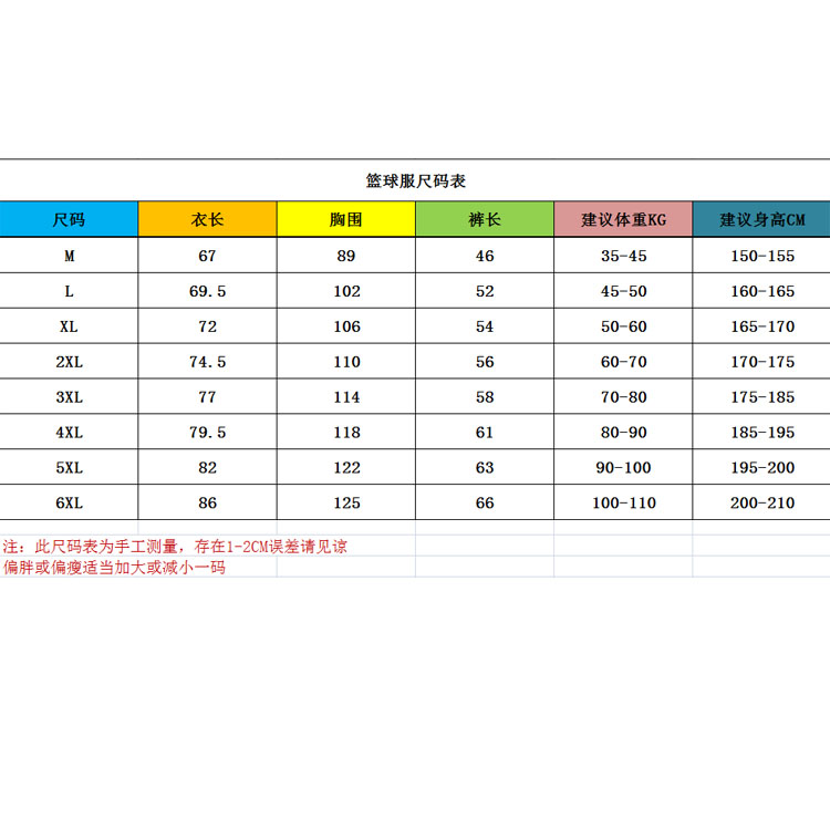 服装尺码表