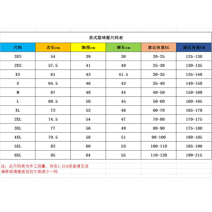 服装尺码表