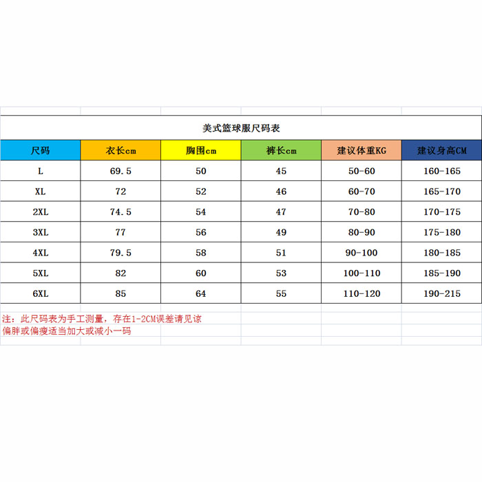 服装尺码表