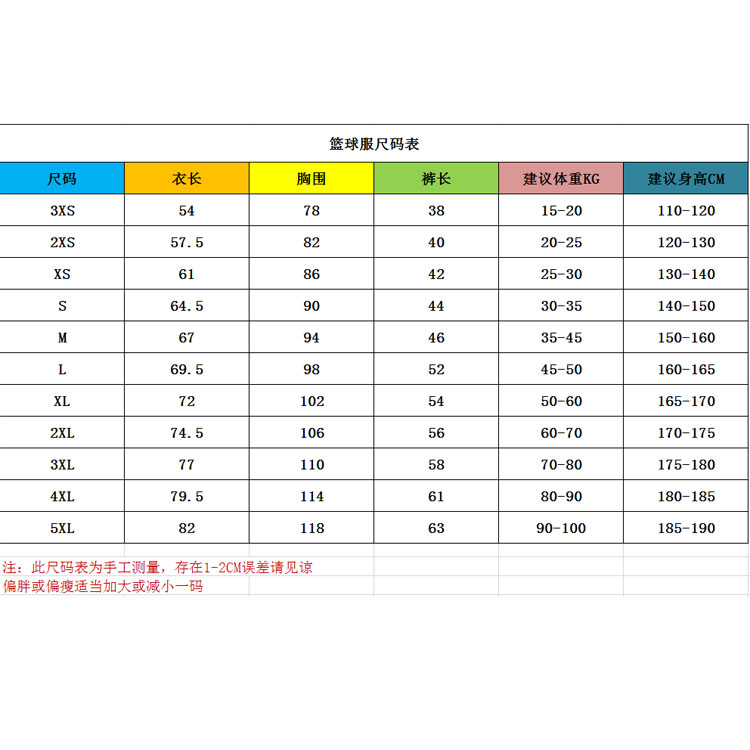 服装尺码表