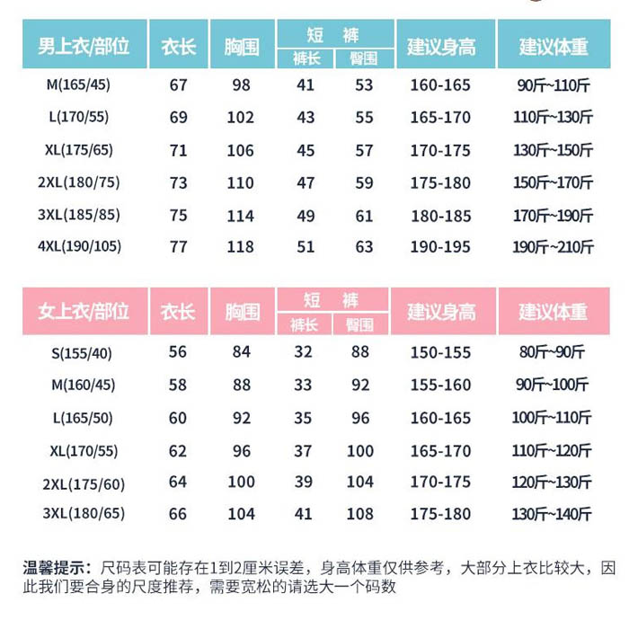 服装尺码表