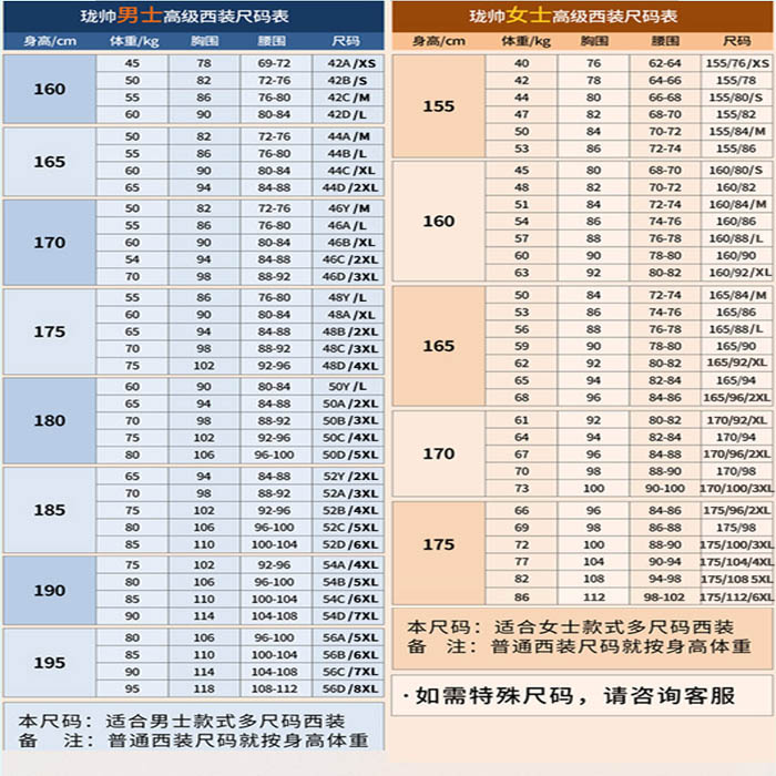 服装尺码表