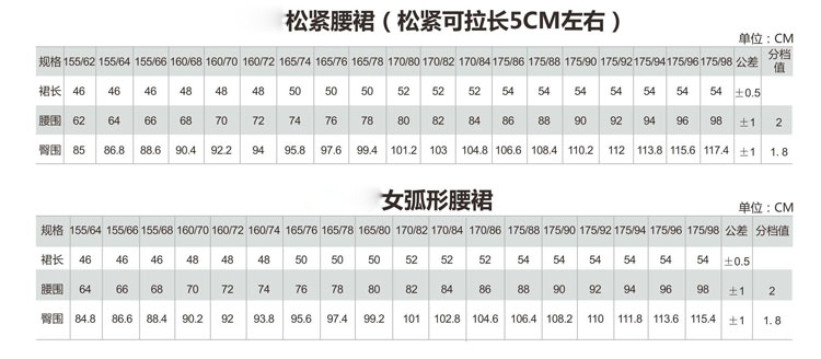 女士西裙尺码规格表